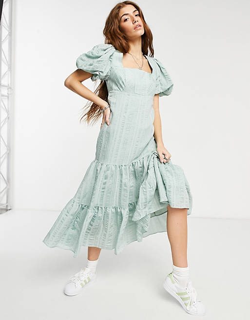 Dresses Forever New puff sleeve square neck midaxi smock dress with bow back in soft mint 