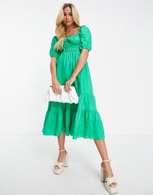 Forever New puff sleeve tiered midi dress in emerald green