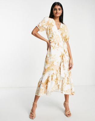 Forever New puff sleeve wrap midi dress in ivory and gold floral