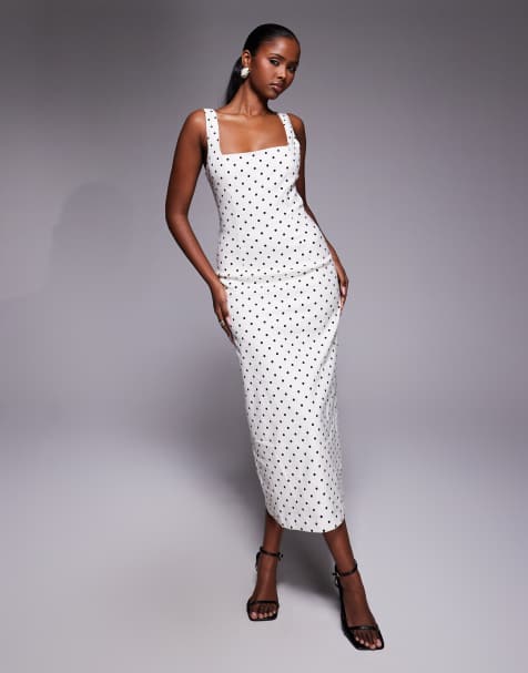 Forever New - Robe à pois mi-longue en lin stretch avec encolure carrée et fente à l'arrière - Blanc - view 1