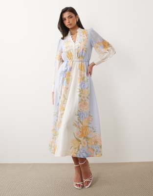 Robe chemise longueur mollet en aspect lin imprimé fleuri avec manches ballon et ceinture - Bleu/crème 32