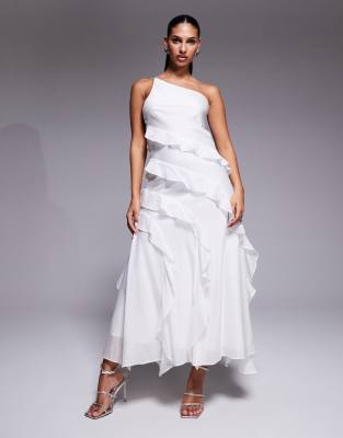 Robe de mariée longue en mousseline asymétrique à volants - Ivoire-Blanc 36