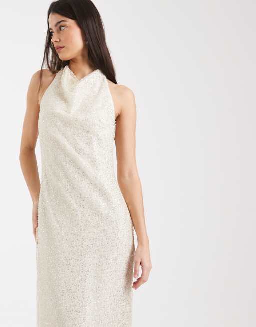 Forever New - Robe de mariée longue ornée de sequins avec dos nu et col bénitier montant - Ivoire, 4 de 4