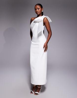 Forever New - Robe de mariée mi-longue coupe fourreau avec naud et coupe asymétrique - Blanc