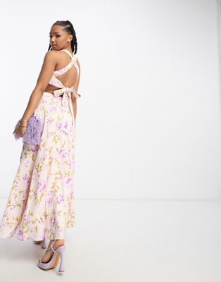 Forever New halter neck open back maxi dress in lilac floral - ASOS Price Checker