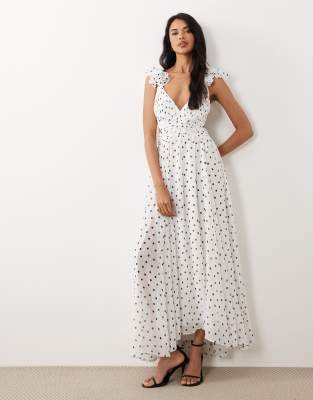 Robe longue à pois avec manches volantées et découpes - Blanc 34