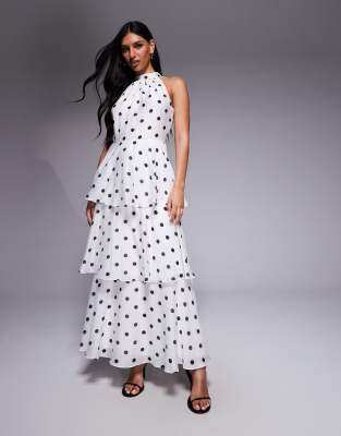 Robe longue à volants et encolure américaine - Blanc à pois 38
