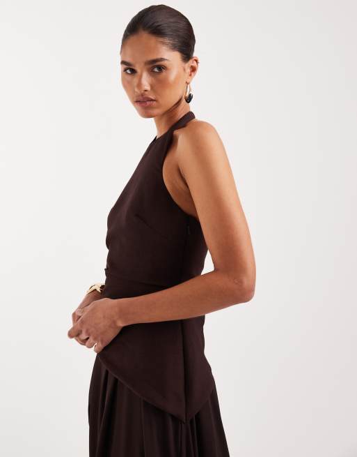 Forever New - Robe longue et sans manches en lin mélangé avec jupe en mousseline - Chocolat, 2 de 4