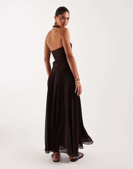 Forever New - Robe longue et sans manches en lin mélangé avec jupe en mousseline - Chocolat, 3 de 4