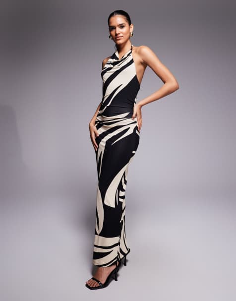 Forever New - Robe longue près du corps à imprimé abstrait avec encolure bénitier haute et dos nu - Noir - view 1