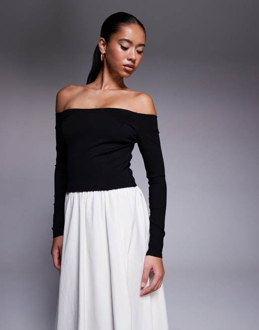 Forever New - Robe longueur mollet à encolure Bardot et ourlet plongeant - Noir et crème, 2 de 4