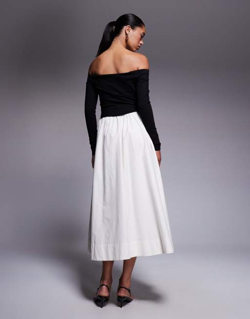 Forever New - Robe longueur mollet à encolure Bardot et ourlet plongeant - Noir et crème, 4 de 4