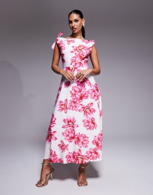 Forever New - Robe longueur mollet à encolure bateau et bretelles nouées avec imprimé fleuri - Rose