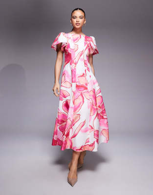 Robe longueur mollet à imprimé fleuri avec manches évasées et découpes au dos - Rose 34