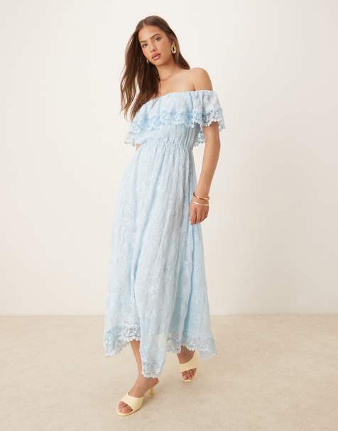 Forever New - Robe longueur mollet à volants et encolure Bardot - Bleu clair - view 1