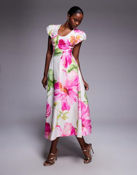 Forever New - Robe mi-longue à imprimé fleuri et empiècements surpiqués avec manches bouffantes et encolure dégagée - Blanc/rose - view 1