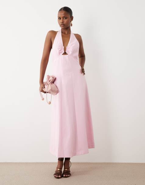 Forever New - Robe mi-longue en lin mélangé à dos nu et détail métallique - Rose - view 1