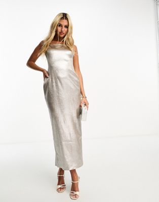 Forever New metallic drape midaxi slip dress in silver - ASOS Price Checker