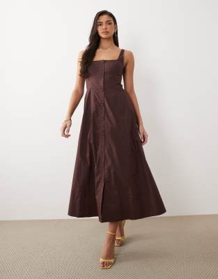 Robe patineuse mi-longue boutonnée à détail corset - Marron 32
