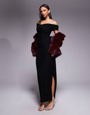 Robe portefeuille longue en tulle à épaules dénudées - Noir 34