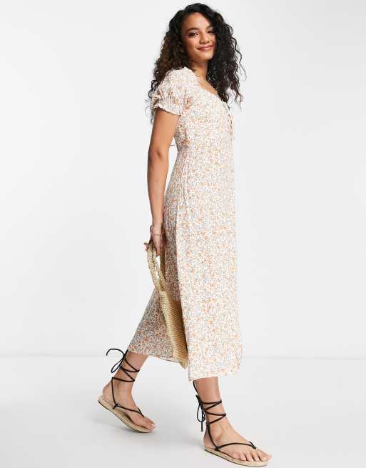 Forever New - Robe rétro mi-longue fendue avec lien sur le corsage - Ivoire fleuri