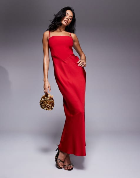 Forever New – Röd maxiklänning med fyrkantig halsringning och korsett - view 1