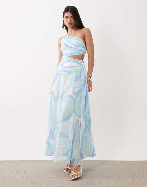 Forever New ruched asymmetric cut out maxi dress in blue swirl - view 1