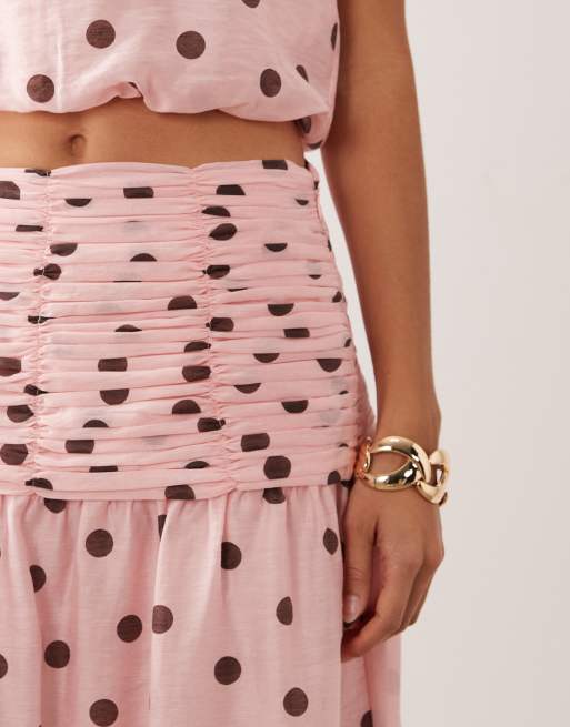 Forever New ruched maxi skirt in pink polka dot (part of a set), 4 of 5