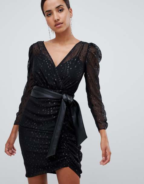 Forever New ruched metallic mini dress in black