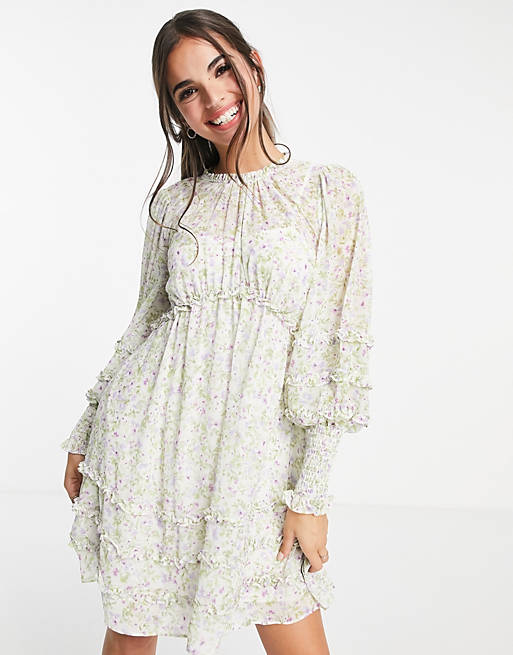 Forever New ruched sleeve frill tea dress in lilac dreamcatcher print