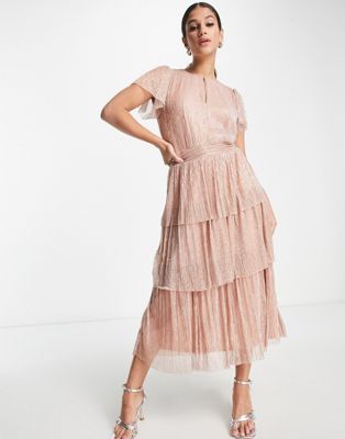 Forever New ruched waist tiered glitter midi dress in rose gold - ASOS Price Checker