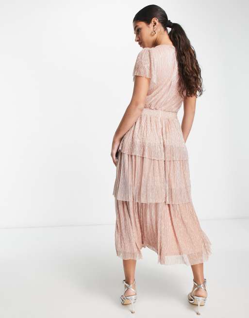 Forever New ruched waist tiered glitter midi dress in rose gold, 2 of 4