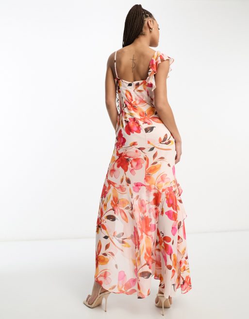 Asos design wrap maxi dress with frills on sale in red floral print