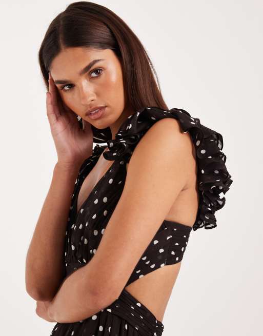 Forever New ruffle shoulder midaxi dress in brown polka dot, 2 of 4
