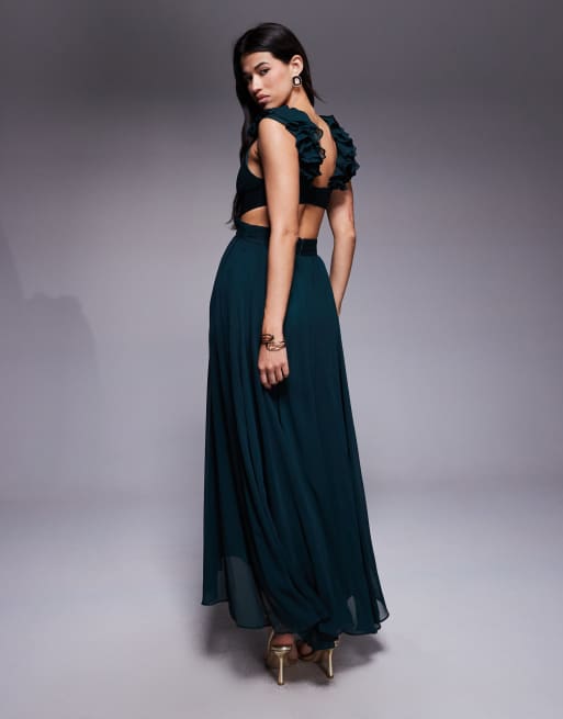 Forever New ruffle shoulder midaxi dress in green moss, 3 of 4