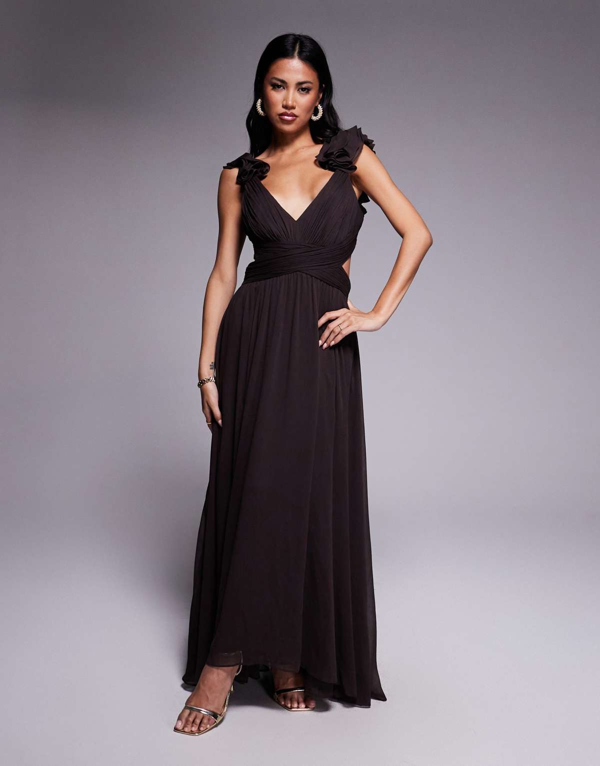Forever New ruffle shoulder midaxi dress in port