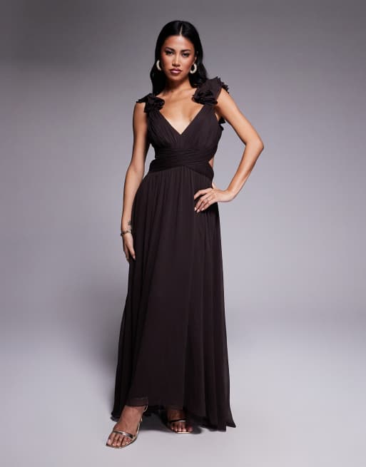 Forever New ruffle shoulder midaxi dress in port