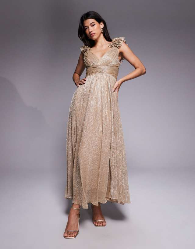 forever new gold dress ruffle shoulder plisse midaxi in Sonia
