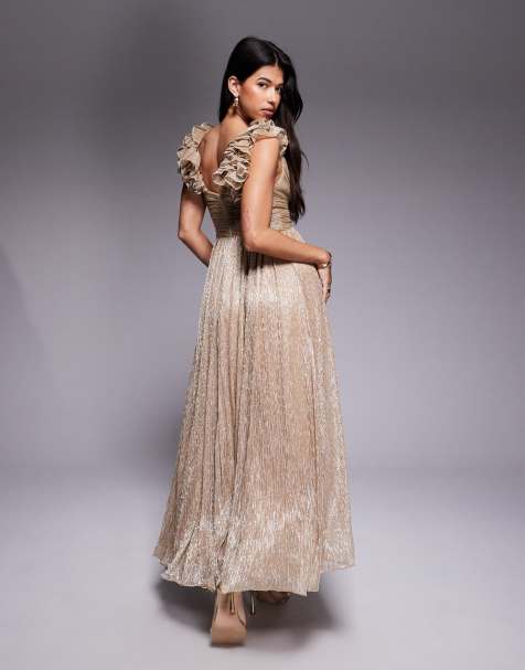 green emerald velvet dress Asos Design High Neck Embellished Midi Dress In Plisse Sequin In Gold main image 0