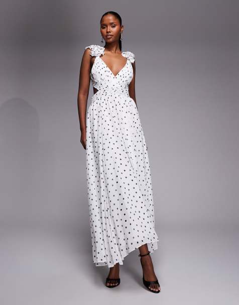 Forever New ruffle sleeve cut out maxi dress in white polka dot