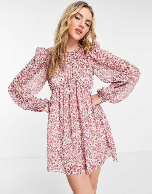 Forever New - Rynket minikjole med blouson-ærmer og pintuck i lyserødt, småblomstret print