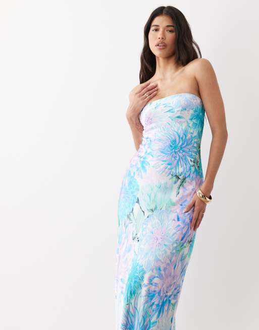 Forever New - Satijnen maxi bandeau-jurk in blauwe bloemenprint, 4 van 4