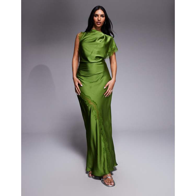 Forever New satin and lace asymmetric shoulder maxi dress in green | ASOS