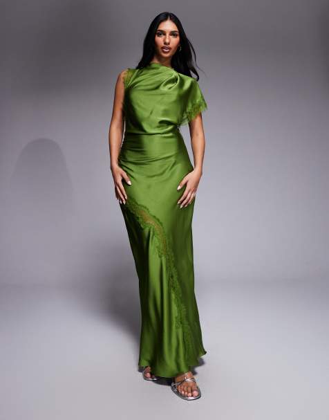 Forever New satin and lace asymmetric shoulder maxi dress in green