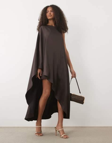 Forever New satin asymmetric one sleeve mini dress in chocolate - view 1