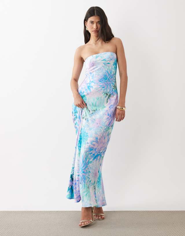 Forever New satin bandeau maxi dress in blue floral