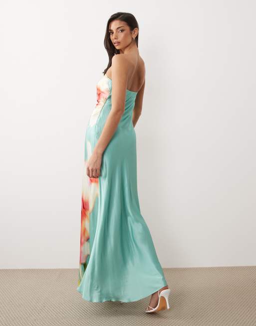 Forever New satin bandeau maxi dress in turquoise oversized floral print, 3 of 4