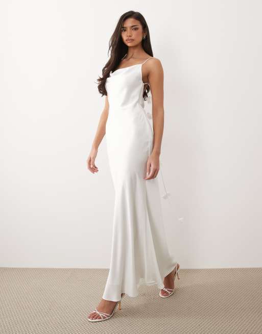 Forever New satin cami corsage detail low back maxi dress in white, 3 of 4