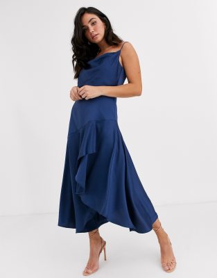 blue satin cowl dress