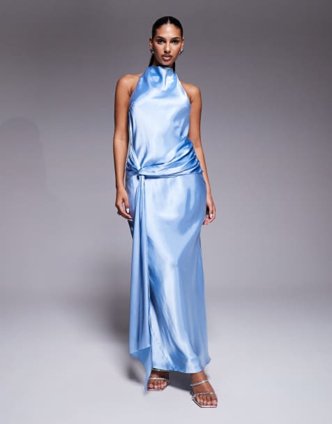 Forever New satin halter neck knot front maxi dress in blue